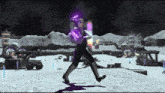 a man in a purple jacket is holding a purple object