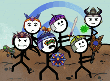 a group of stick figures with weapons and helmets