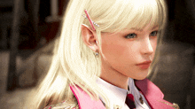 a girl with blonde hair and a pink jacket has a pink clip in her hair