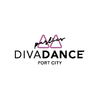 the logo for diva dance port city is a pink and black logo with a pink triangle in the middle .