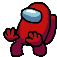 a pixel art drawing of a red among us character with a blue head and red hands .