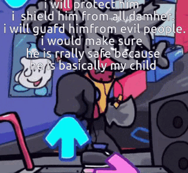 a cartoon character with an arrow pointing up and the words " i will protect him " on the bottom