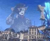 a video game character is standing in front of a city