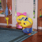 a couple of cartoon chickens standing next to each other with one wearing a bow and sunglasses
