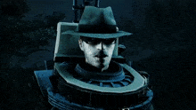 a man in a hat and glasses is sitting in a machine
