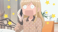 a cartoon girl talking on a cell phone with stars around her