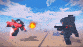 two robots are fighting in a video game and one of them is flying