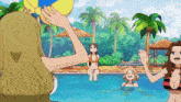 a group of women in bikinis are playing with a beach ball in a swimming pool