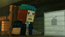 a minecraft character wearing a blue hat looks at an apple laptop