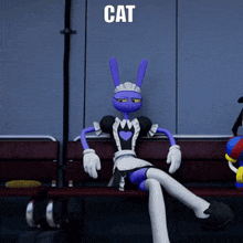 a cartoon character is sitting on a bench with the word cat written above her