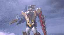 a robot with a sword is flying in the air