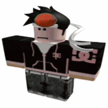 a roblox character with a red ball on his head is wearing a black jacket and black pants .