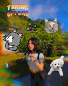 a girl with a cat and a dog with the words " taking offers " above her