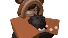 a girl in a teddy bear hood is hugging another girl