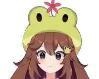 a girl wearing a frog hat with a flower on top of it