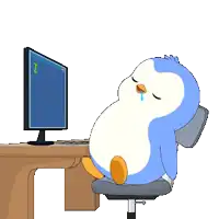a cartoon penguin is sitting in front of a computer monitor with 111 on it