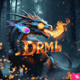 a dragon with flames coming out of its mouth and the word drml in the corner