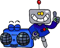 a cartoon robot is giving a thumbs up next to a speaker