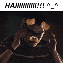 a man wearing glasses and a dog face mask with the words hai written above him