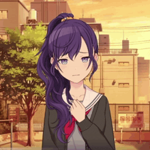 a girl with purple hair is standing in front of a building