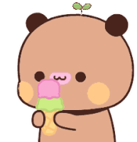 a cartoon bear is eating an ice cream cone with a plant growing out of its head .