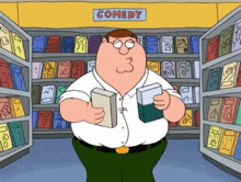 peter griffin is holding a book in front of a comedy section
