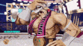 a video game character is wearing a pink scarf around his neck and a wrestling belt .