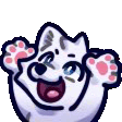 a white cat with pink paws is smiling and waving its paws in the air .