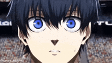 a close up of a boy 's face with blue eyes and black hair .
