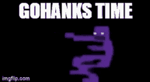 a pixel art of a purple man holding a gun with the words `` gohanks time '' written above him .