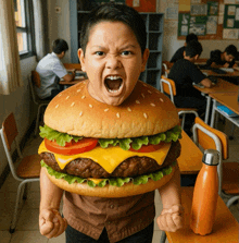 a boy with a huge hamburger on his shoulder