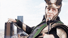 a man in a helmet and armor is standing in front of a city