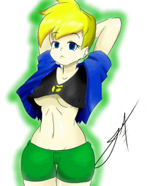 a drawing of a girl with shorts and a crop top