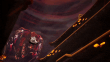 a painting of a bear flying through the air with a red background