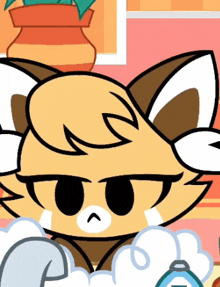 a close up of a cartoon cat with a bottle of soap in front of it