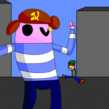 a cartoon character with a hammer and sickle on their hat