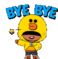 a cartoon character is wearing a yellow hoodie and holding a star and says `` bye bye '' .