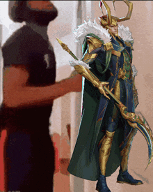 a pixel art of a man in a black shirt standing next to a statue of loki