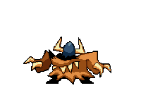a pixel art drawing of a monster with horns and a blue egg in its mouth .