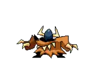 a pixel art drawing of a monster with horns and a blue egg in its mouth .
