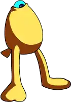 a yellow cartoon character with long legs and a big eye