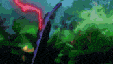 a painting of a purple and red swirl in a forest