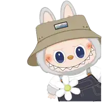 a cartoon character is wearing a hat and overalls and has a flower in his pocket