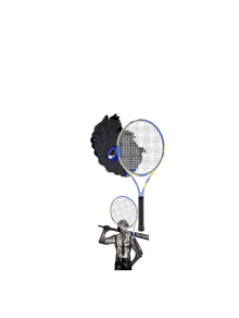 a person holding a tennis racquet that says asics