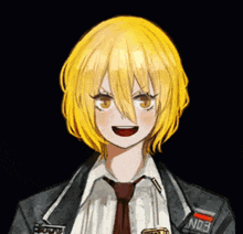 a drawing of a girl with yellow hair and a jacket that says edn on it