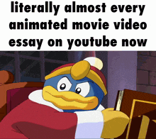 a cartoon character is holding a book and says literally almost every animated movie video essay on youtube now