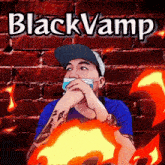 a man wearing a face mask stands in front of a red brick wall with the words blackvamp above him