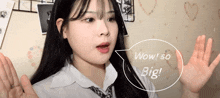 a girl in a school uniform says wow so big in a speech bubble