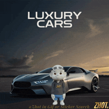 an advertisement for luxury cars with a cartoon character standing in front of a car