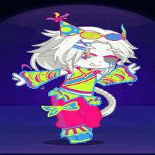a drawing of a person wearing a clown hat and sunglasses